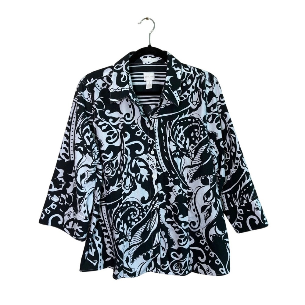 CHICO'S Size 3 US XL Black White 100% Cotton No Iron Button Up Top Office